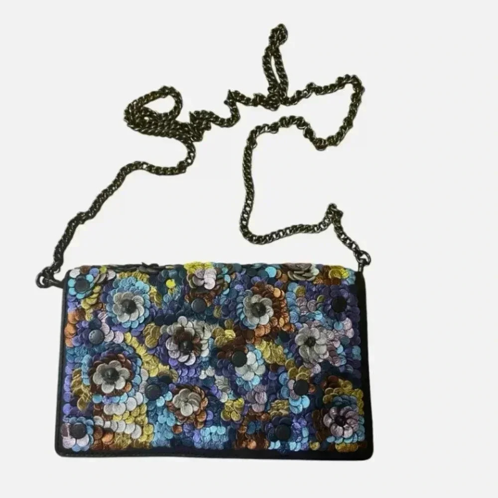 Coach Callie Foldover Chain Clutch With Leather Sequins NWT